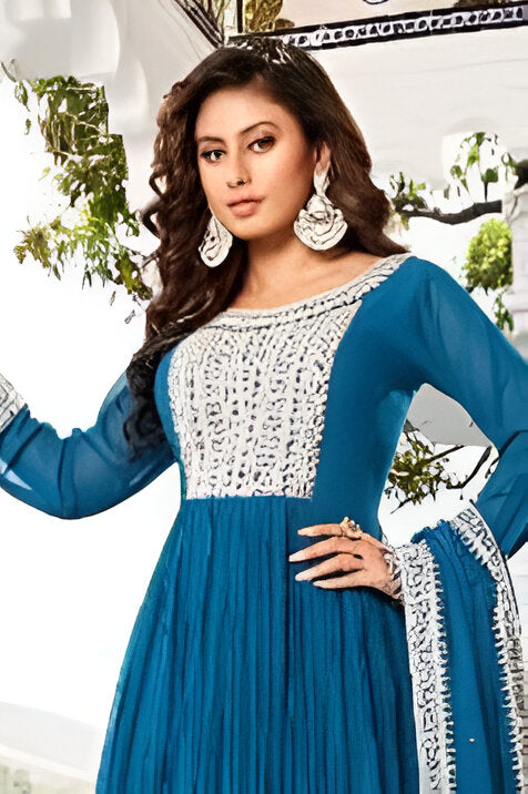 Gorgeous blue georgette gown crafted for women’s fashion.