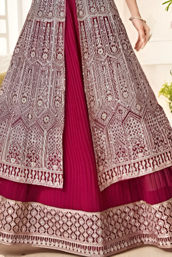 Elegant bright pink peplum lehenga set for women; great for festive and special events.