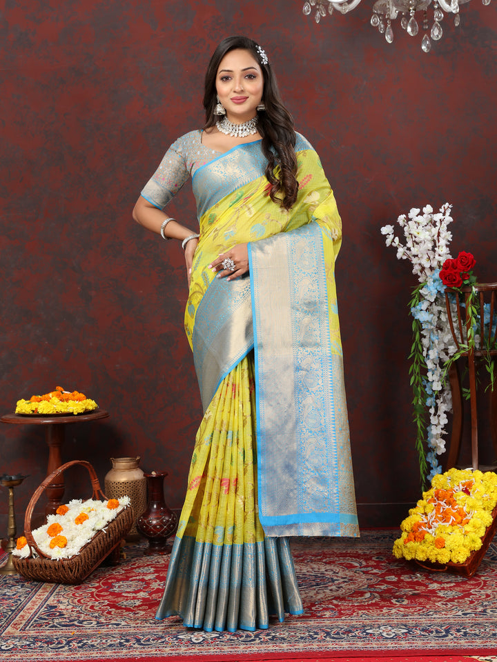 Yellow soft cotton saree with intricate Meenakari craft and zari pallu, perfect for festive occasions.