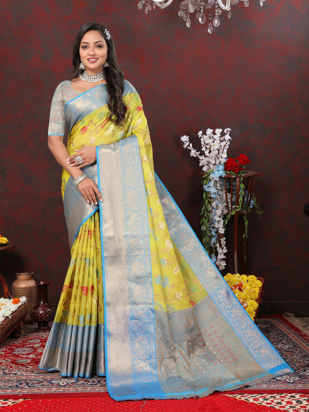 Elegant yellow cotton saree featuring Meenakari detailing and a silk blouse piece with zari pallu.