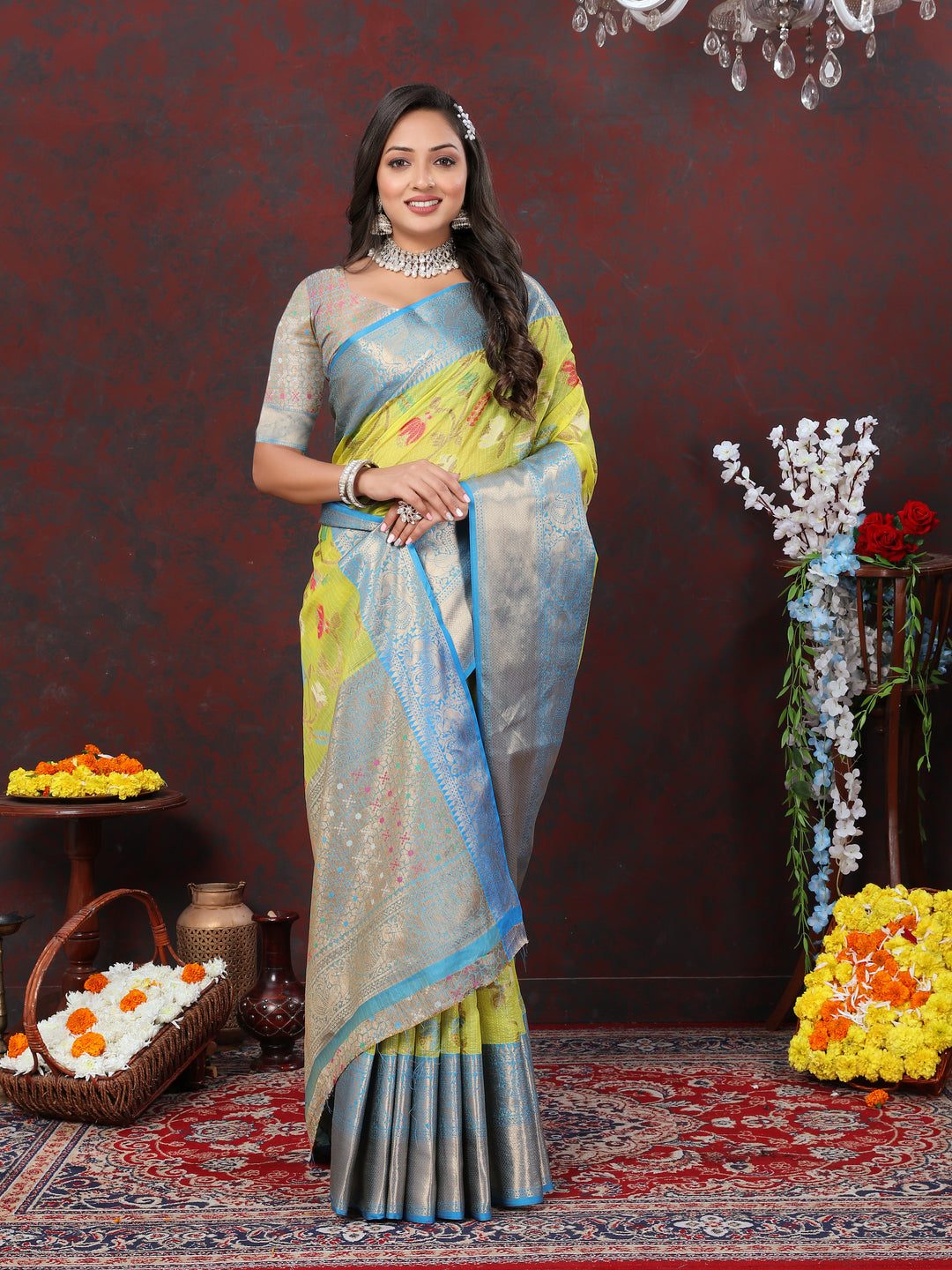 Timeless yellow saree with Meenakari craftsmanship and beautiful zari pallu, ideal for weddings.