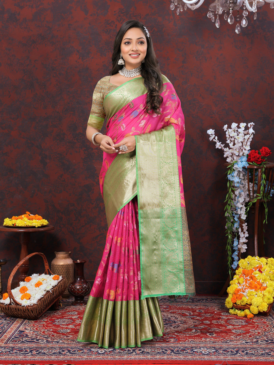 Elegant pink soft cotton saree with Meenakari detailing and zari pallu for special celebrations.