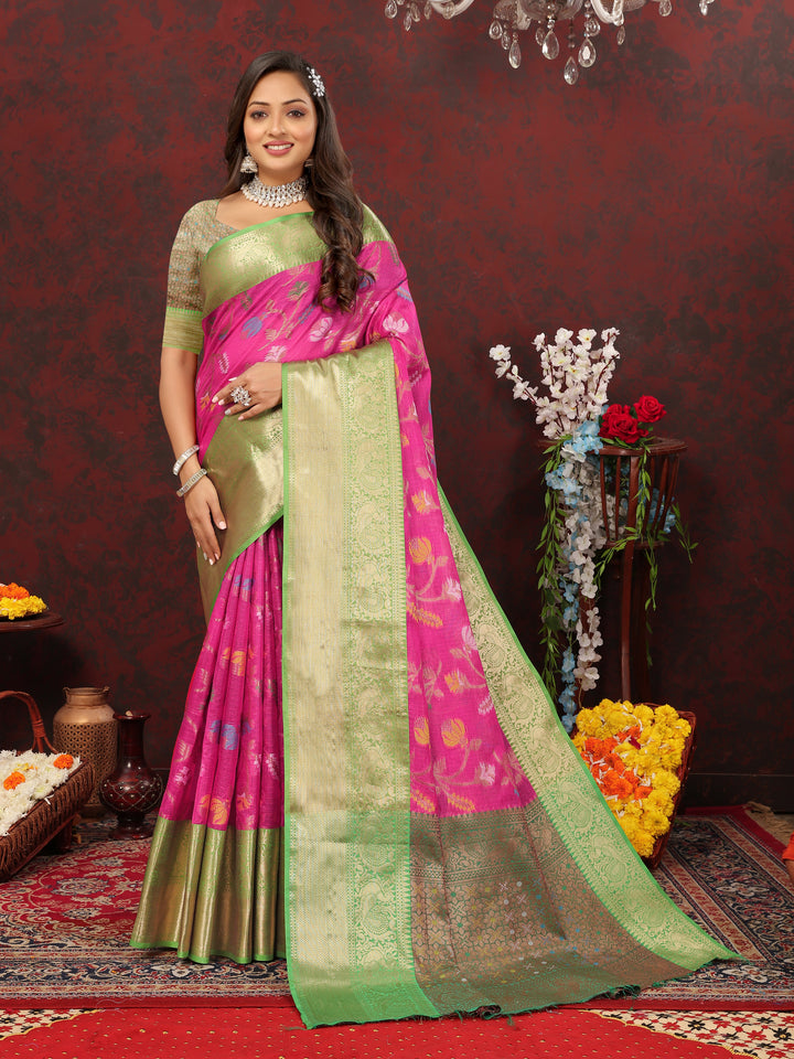 Timeless pink cotton saree featuring intricate Meenakari craft and beautiful zari pallu, ideal for events.