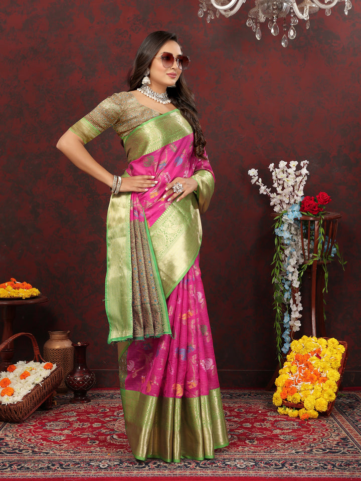 Designer pink cotton saree with Meenakari work and zari woven pallu, perfect for weddings and parties.