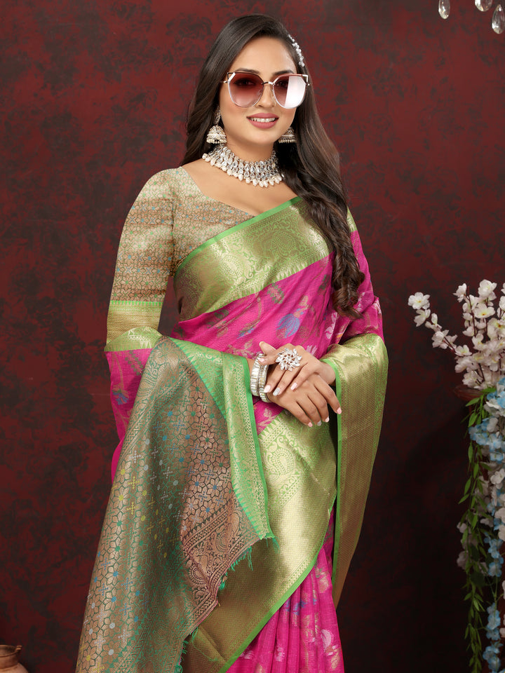 Stylish pink saree with Meenakari artistry and zari pallu, ideal for festive occasions.