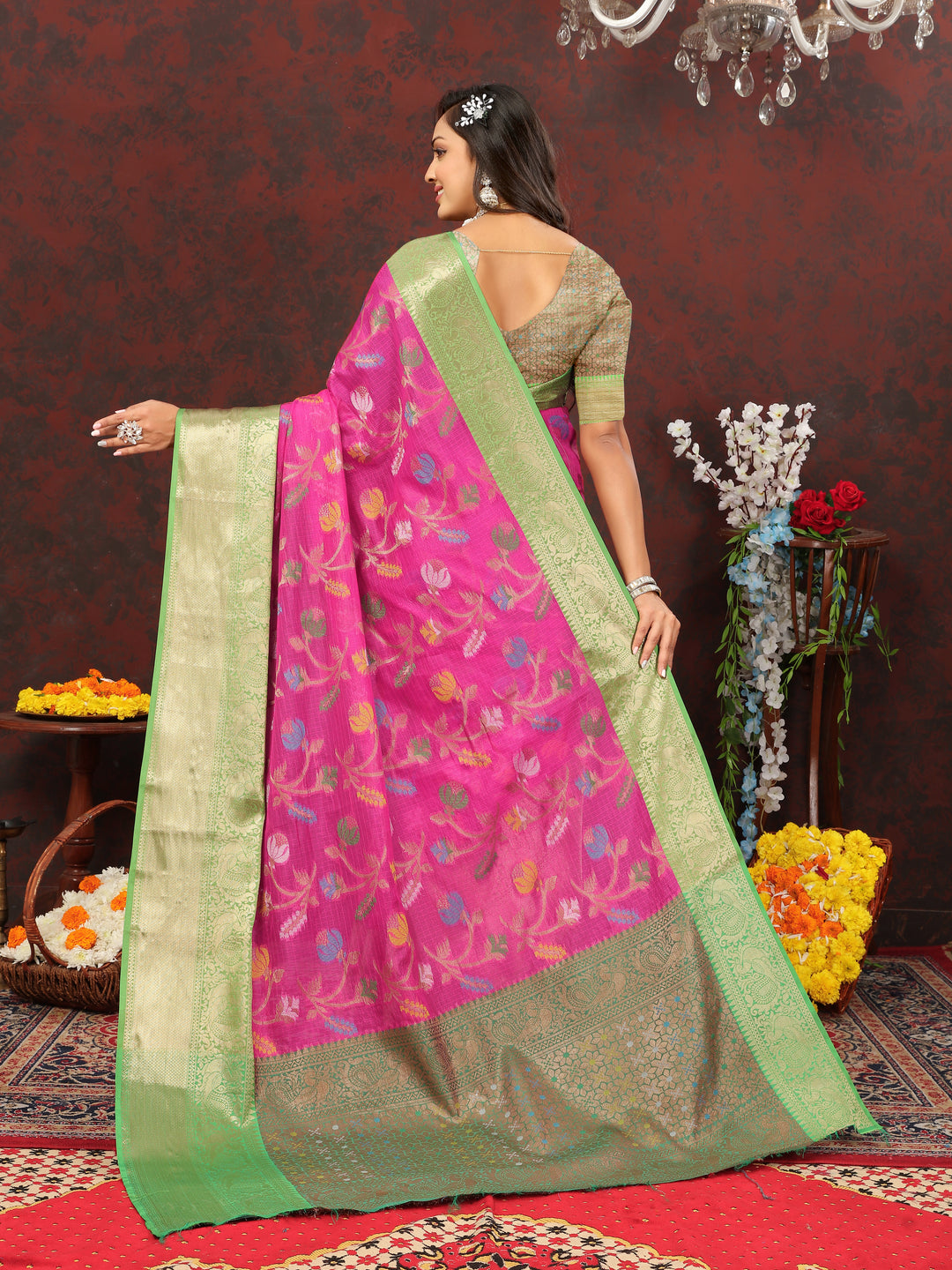 Pink soft cotton saree with Meenakari detailing and silk blouse, perfect for cultural and traditional events.