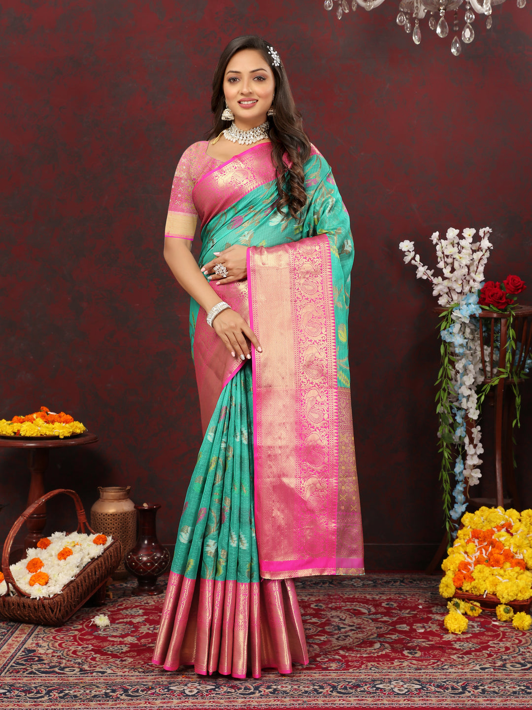 Sea-green soft cotton saree with Meenakari craft and silk blouse piece with zari pallu for elegant occasions.