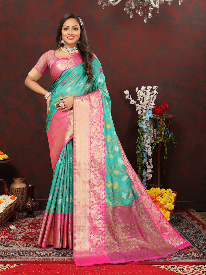 Designer sea-green cotton saree featuring Meenakari work and zari pallu, perfect for weddings.