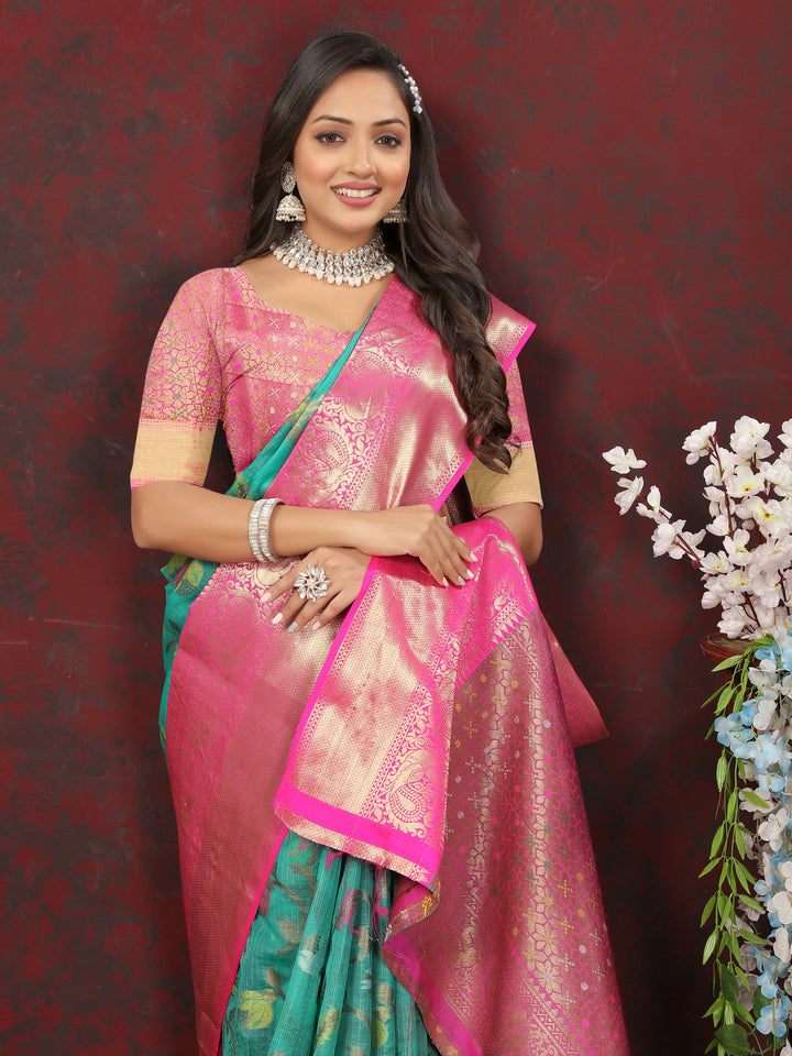 Timeless sea-green cotton saree with Meenakari craftsmanship and zari pallu, perfect for celebrations.