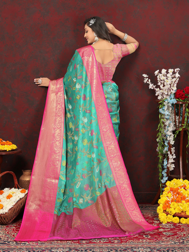 Sea-green soft cotton saree with Meenakari craft and zari pallu, ideal for traditional festivals.