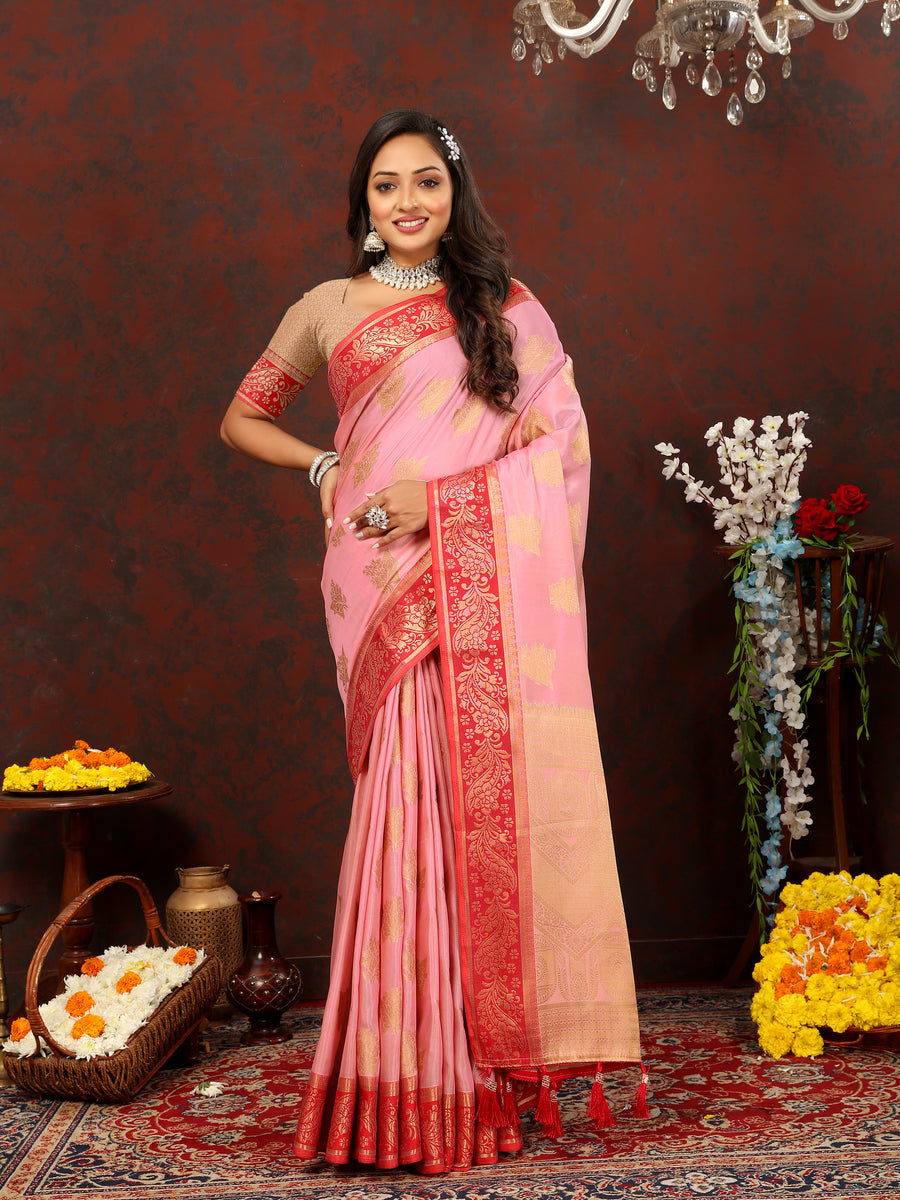 Elegant pink cotton saree with zari pallu and silk blouse piece, perfect for festive occasions.