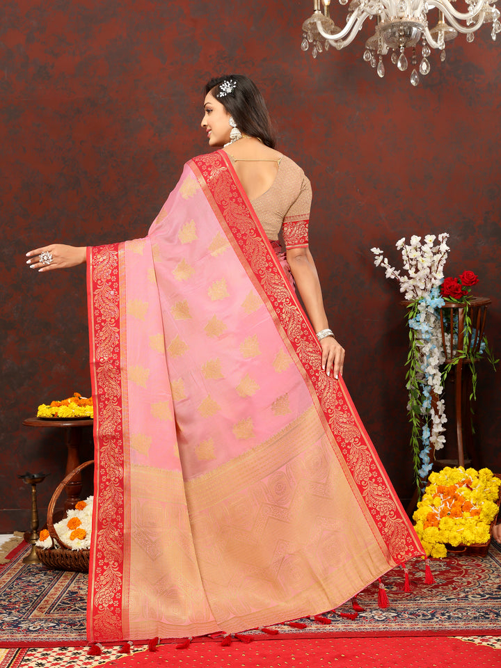 Sophisticated pink cotton saree with detailed zari pallu, perfect for Indian festivals.