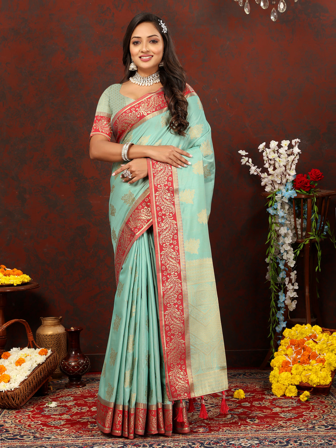 Elegant sky blue cotton saree with zari pallu and silk blouse piece, perfect for traditional events.