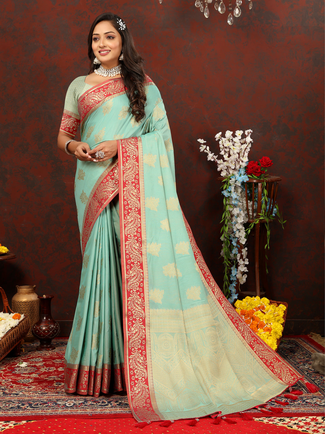 Designer sky blue cotton saree with luxurious zari pallu, ideal for Indian festivals.