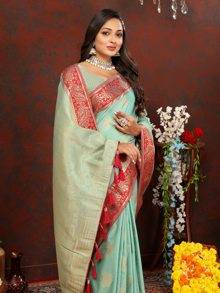 Sky blue cotton saree featuring exquisite zari pallu and matching silk blouse, ideal for ceremonies.