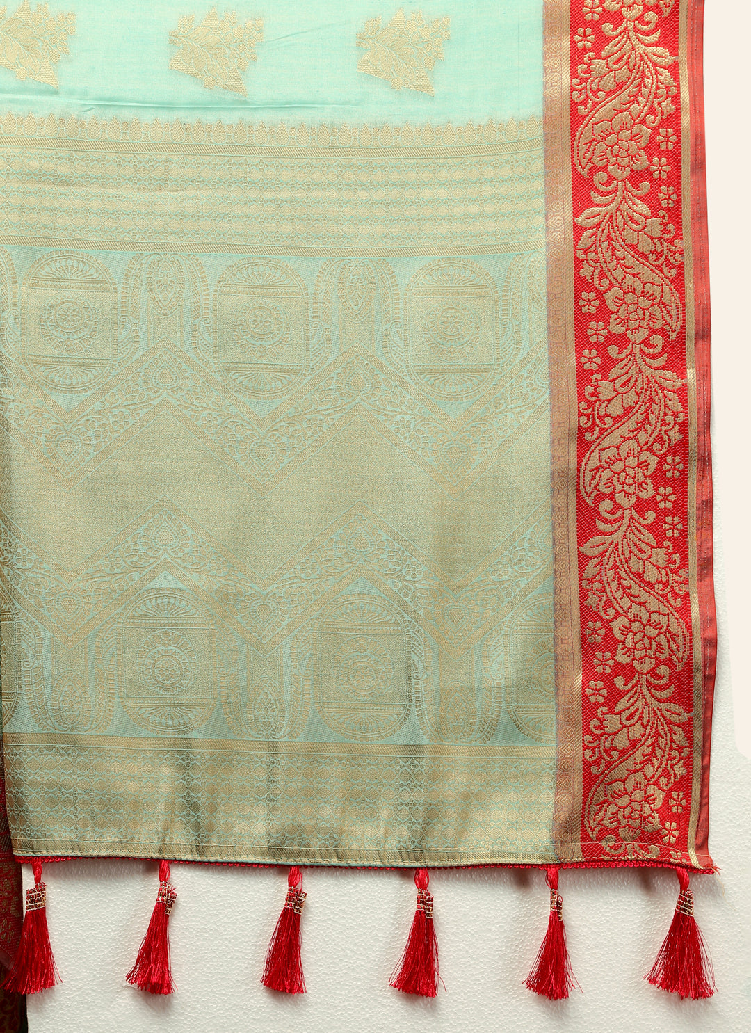 Sky blue cotton saree with luxurious zari pallu and silk blouse, perfect for cultural events.