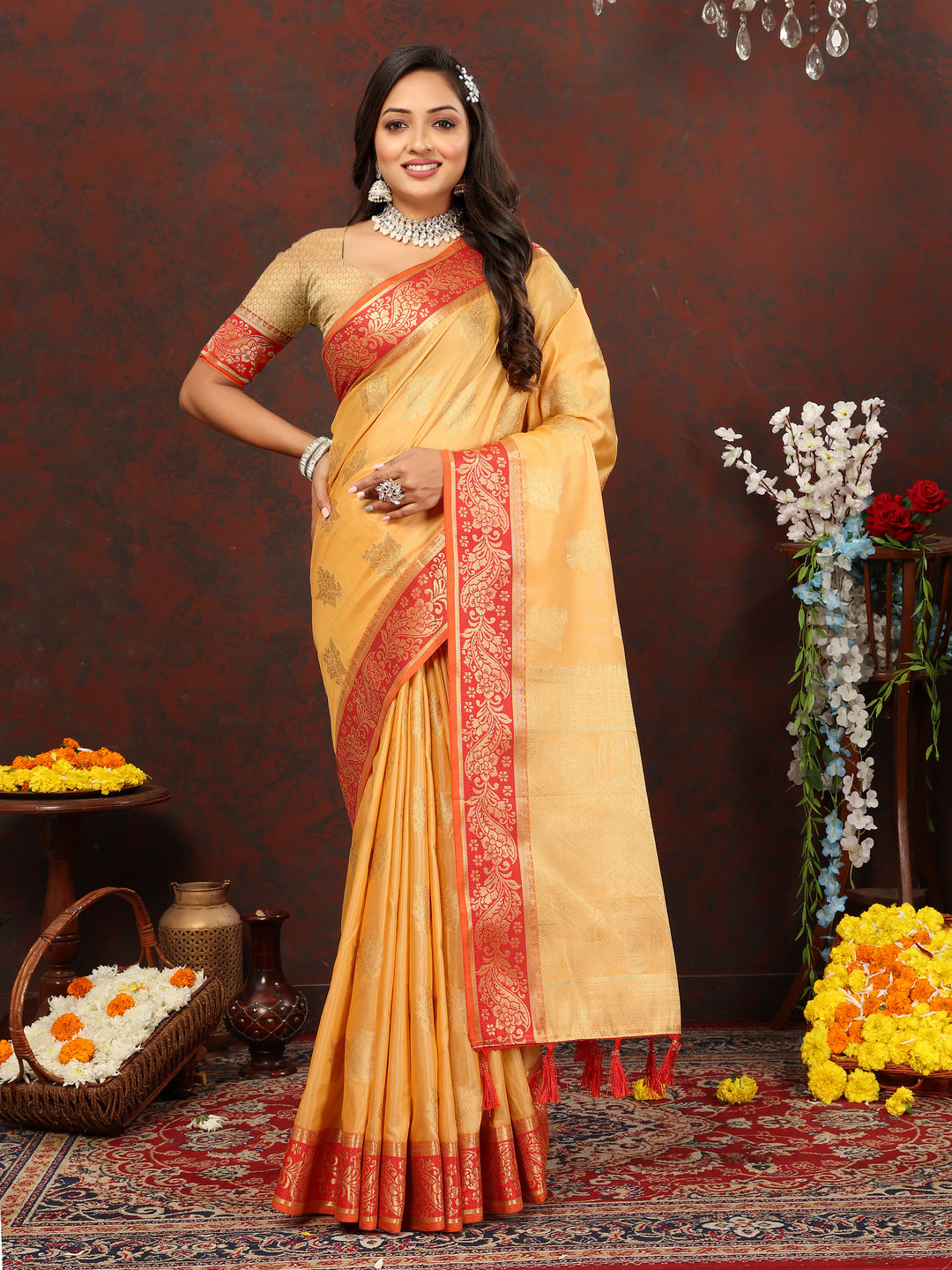 Mustard yellow cotton saree with luxurious zari pallu and silk blouse piece, ideal for special occasions.