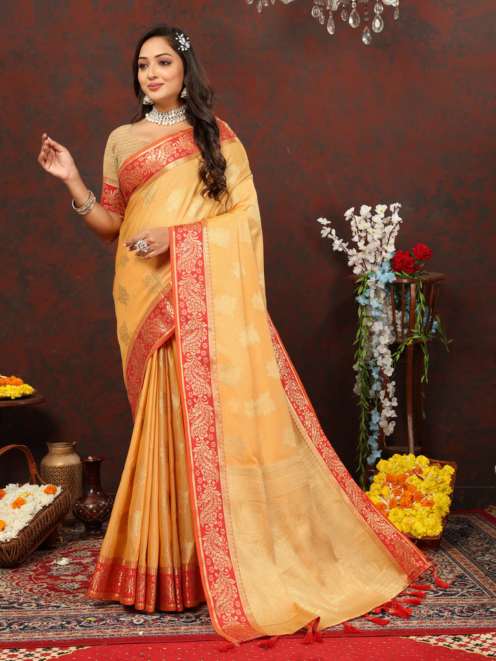 Elegant mustard yellow cotton saree with detailed zari pallu, perfect for Indian festivals.