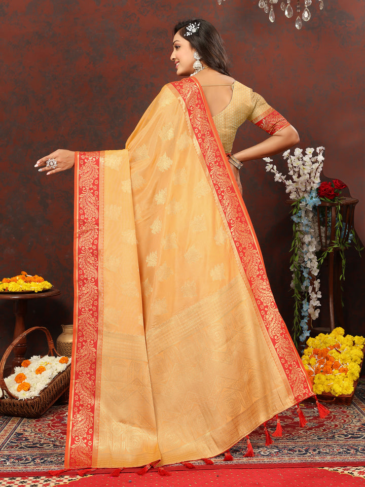 Mustard yellow cotton saree with rich zari pallu and silk blouse, perfect for weddings and events.