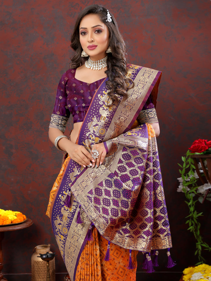 Elegant mustard yellow silk saree with beautiful Meenakari work and zari detailing, perfect for festive celebrations.