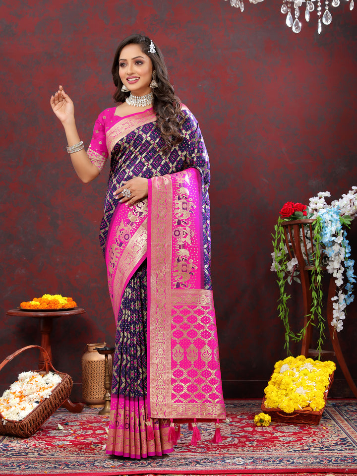 Elegant wine silk saree with Meenakari weaving and zari detailing, perfect for festive celebrations and weddings.