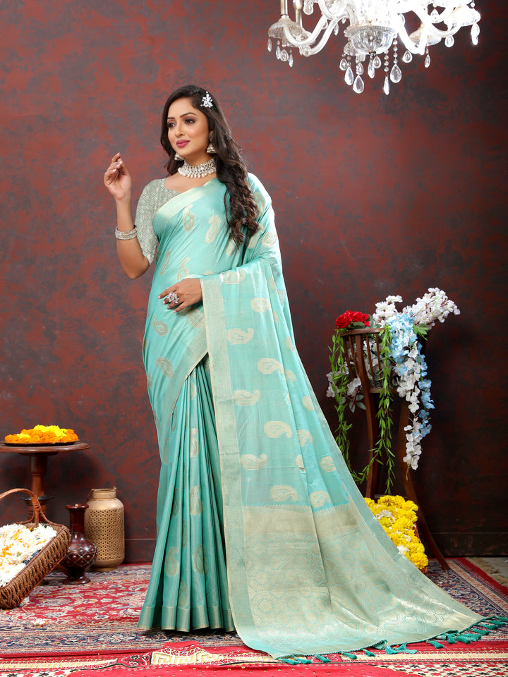 Elegant sky blue cotton saree with intricate zari weaving and tassels at the pallu, perfect for weddings.