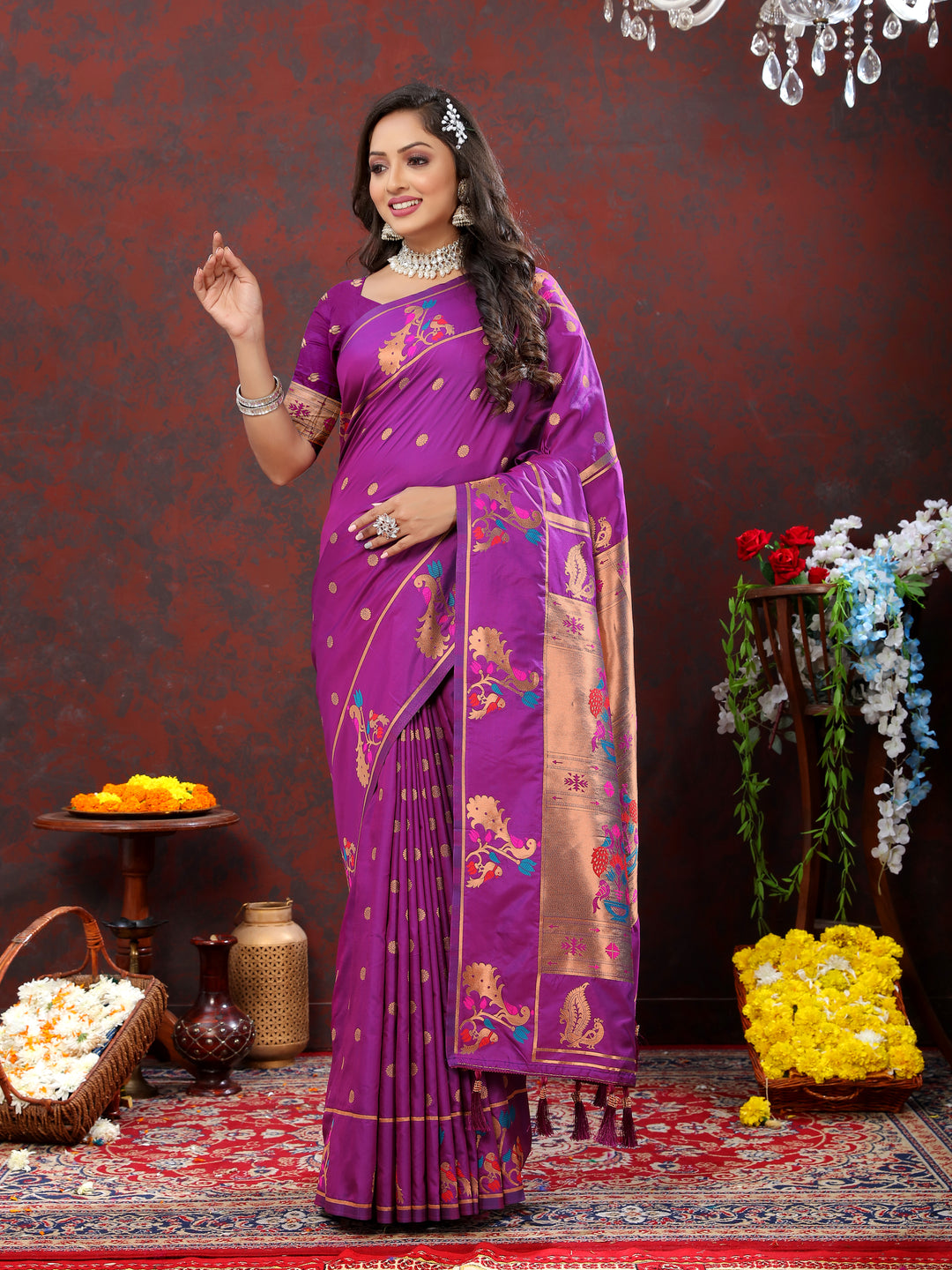 Purple Paithani silk saree with intricate copper zari motifs and Meenakari border for festive occasions.