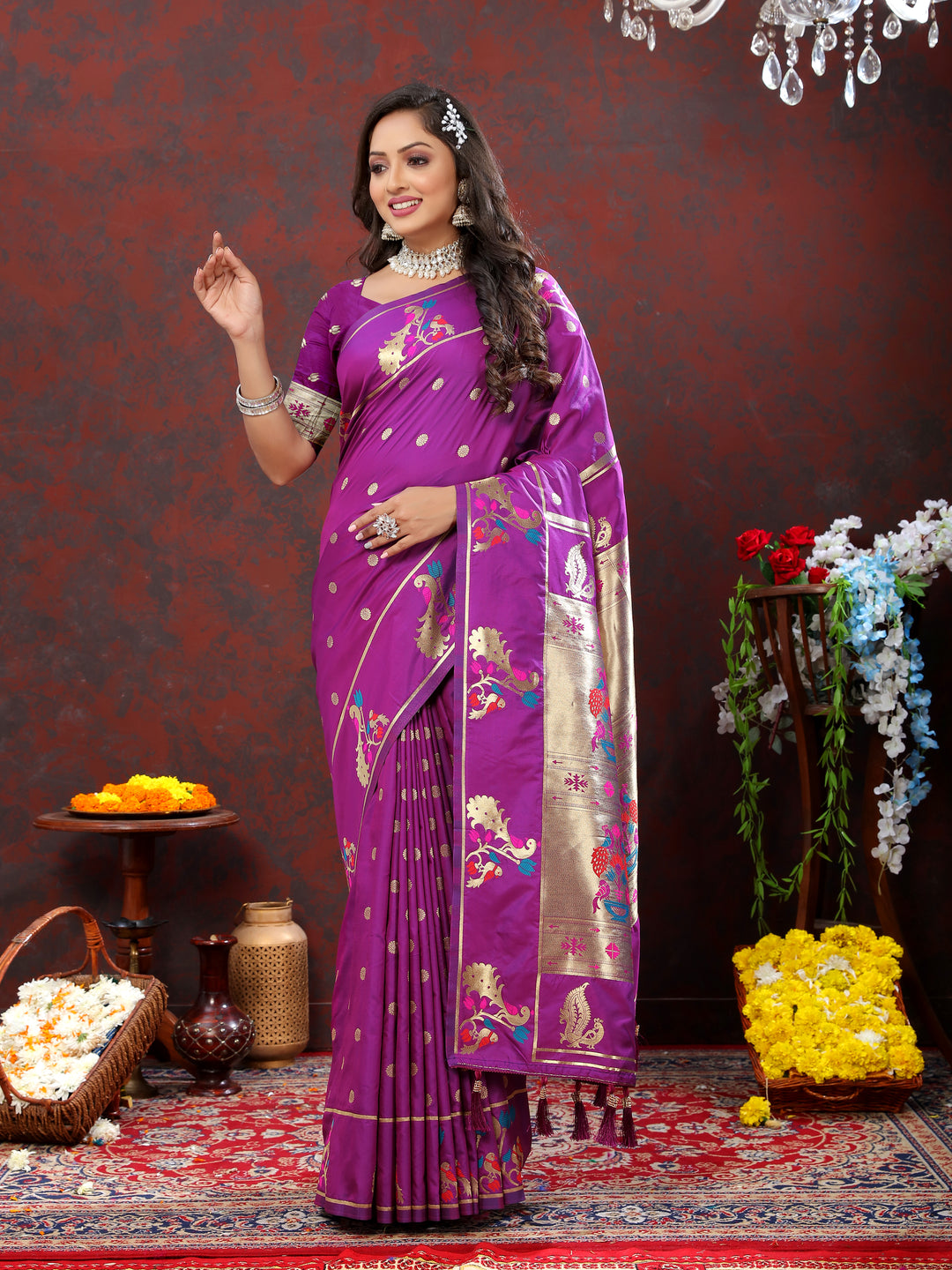 Purple Paithani silk saree with gold zari motifs and Meenakari border, ideal for weddings.