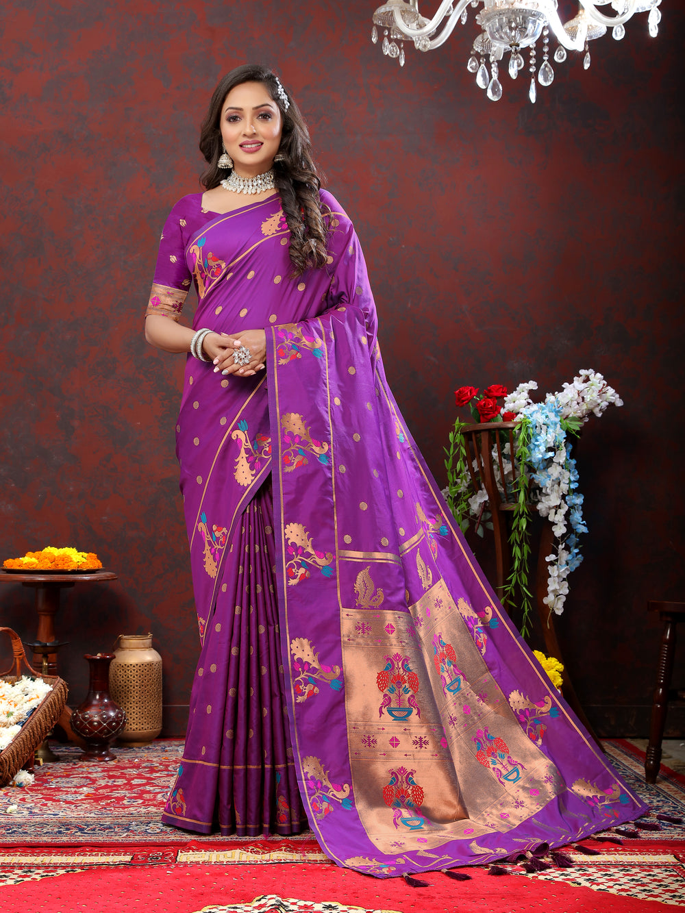 Elegant purple Paithani silk saree featuring detailed copper zari work and Meenakari border for weddings.