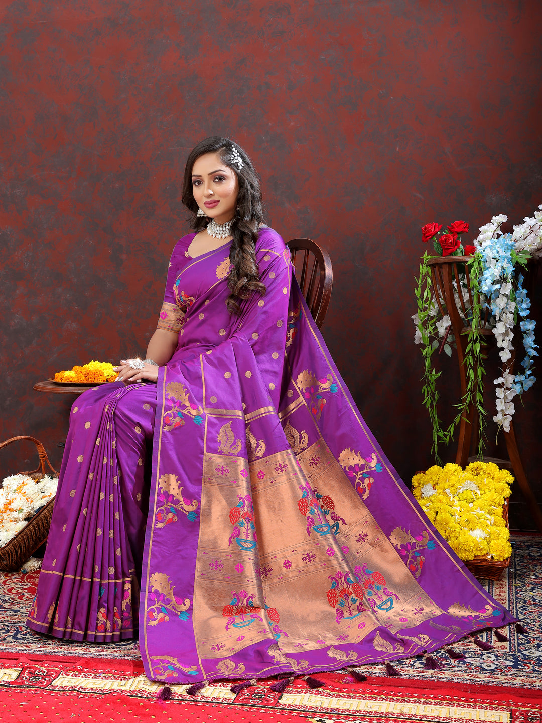 Royal purple soft Paithani silk saree with copper zari motifs and Meenakari border, perfect for special occasions.