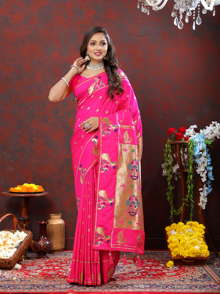 Designer magenta Paithani silk saree featuring gold zari motifs and Meenakari border for weddings.