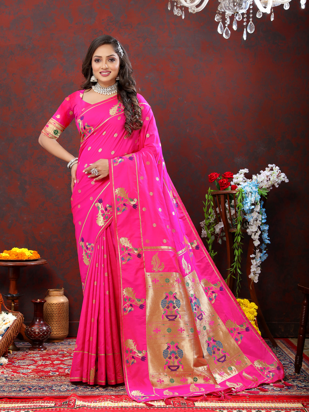 Elegant magenta Paithani silk saree with beautiful gold zari detailing and Meenakari border for grand celebrations.