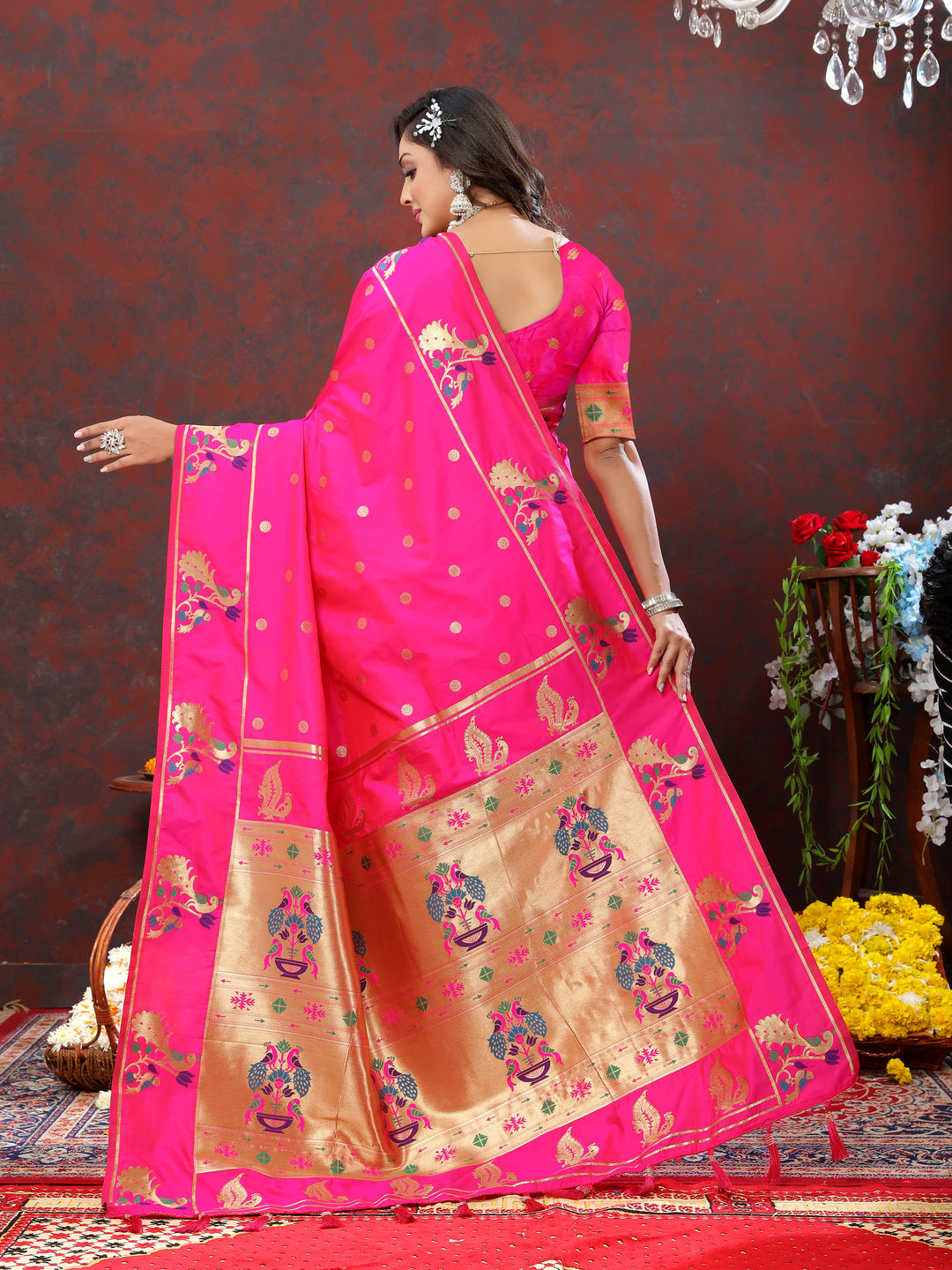 Yellow Paithani silk saree with gold zari motifs and Meenakari border, ideal for festive occasions.