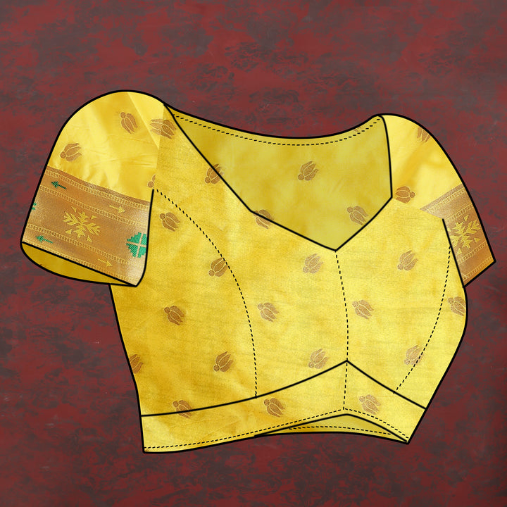 Deep yellow Paithani silk saree with intricate gold zari motifs and Meenakari border for traditional occasions.