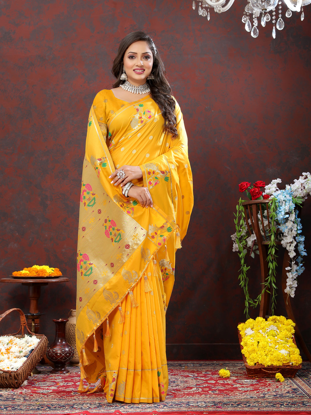 Elegant navy Paithani silk saree featuring gold zari detailing and Meenakari border for traditional events.