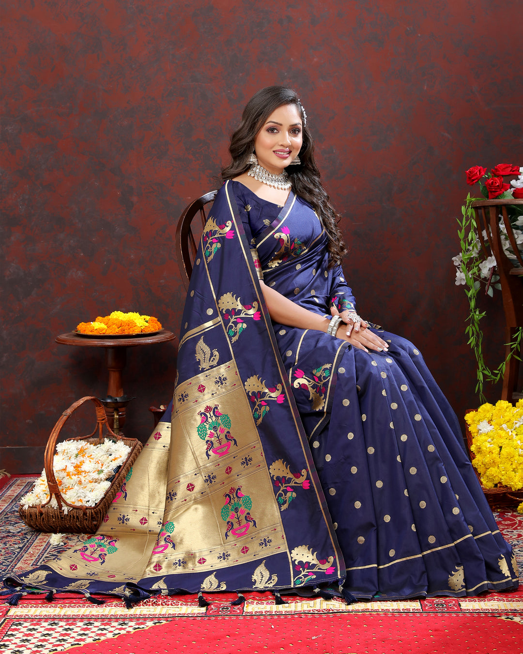 Stunning bright pink Paithani silk saree with gold zari motifs and Meenakari border, perfect for festive occasions.