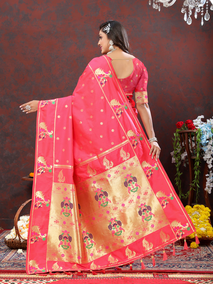 Red Paithani silk saree with gold zari motifs and Meenakari border, ideal for weddings and grand occasions.