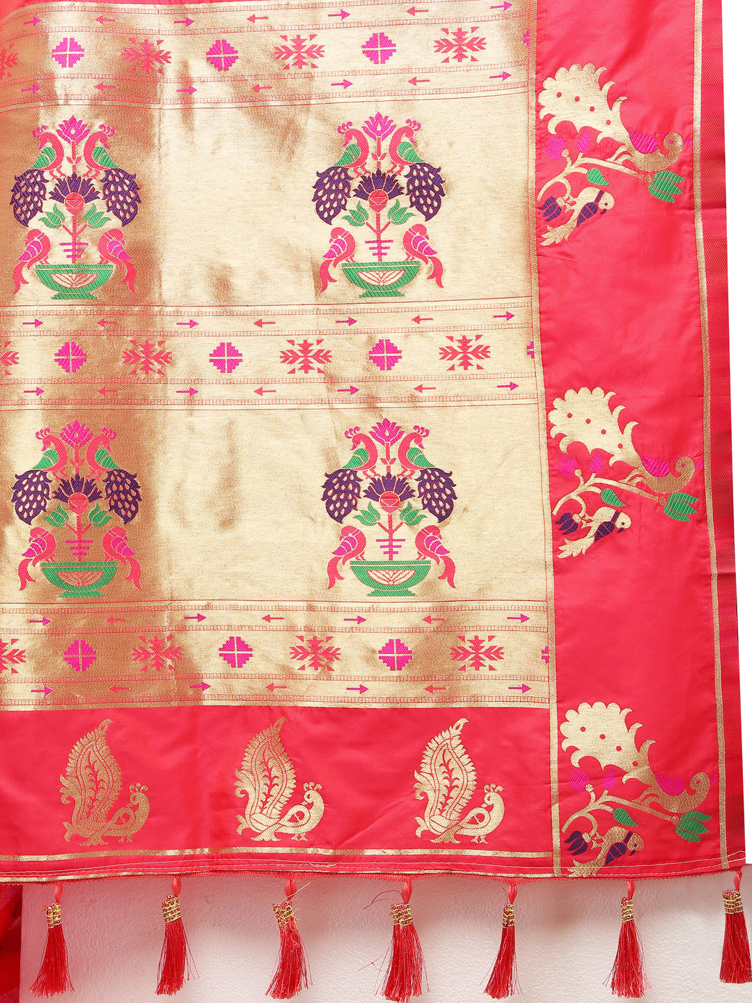 Stunning red Paithani silk saree with intricate gold zari motifs and Meenakari border for festive events.