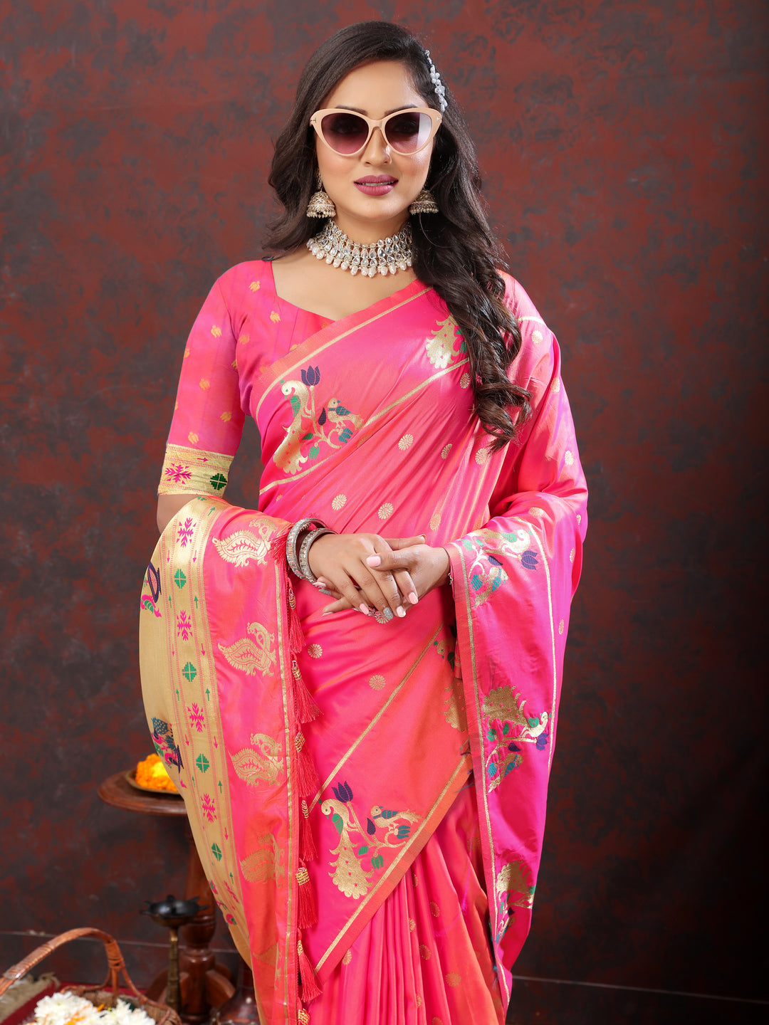 Designer red Paithani silk saree with gold zari motifs and Meenakari border, ideal for cultural events.