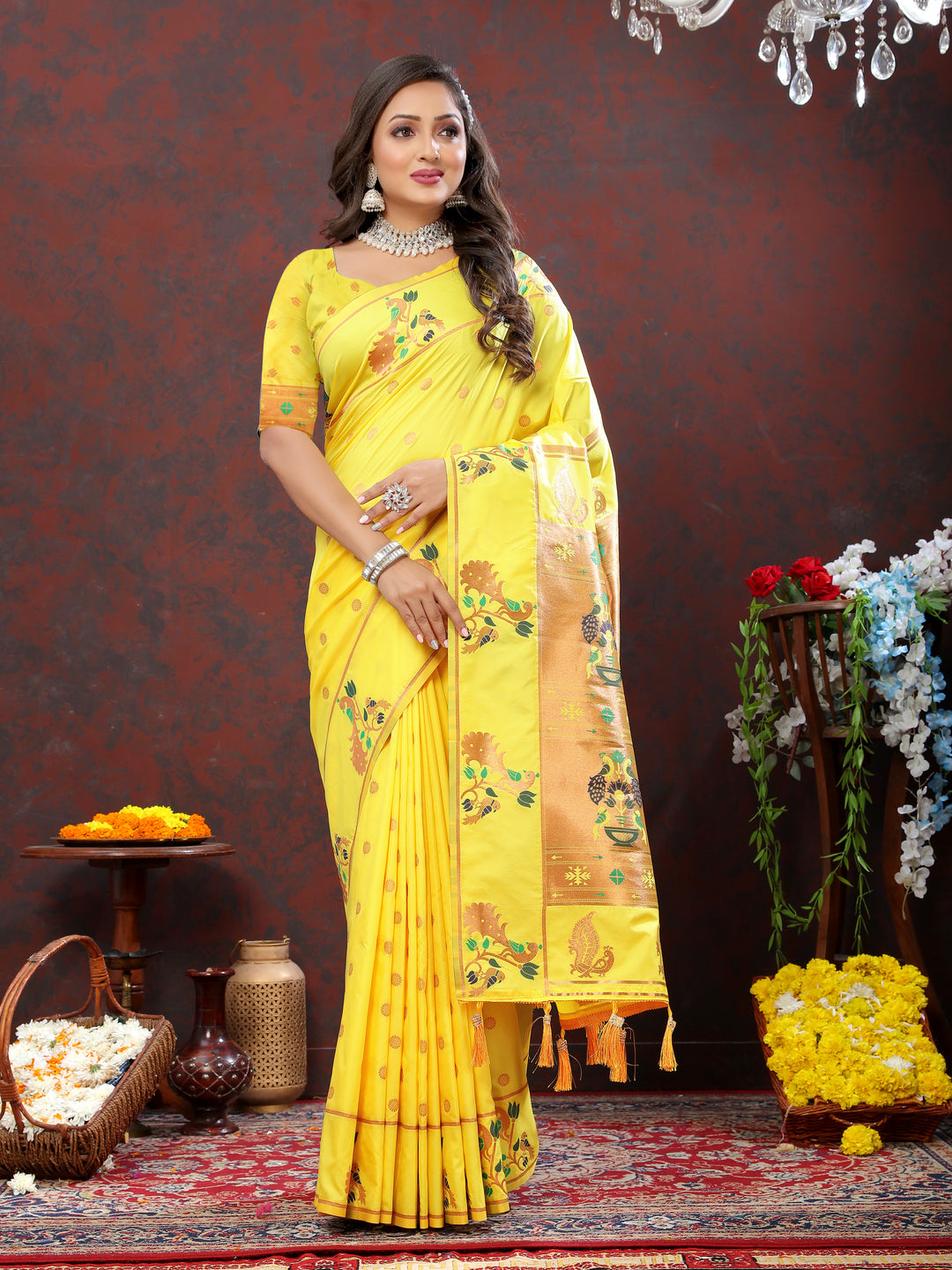 Timeless yellow Paithani silk saree with copper zari motifs and Meenakari border, perfect for cultural gatherings.