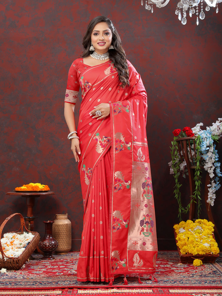 Timeless red Paithani silk saree with detailed copper zari motifs and Meenakari border for traditional celebrations.