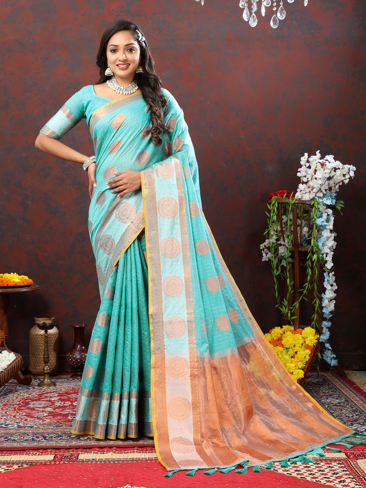 Designer sky-blue saree featuring intricate zari work, perfect for cultural and traditional events.