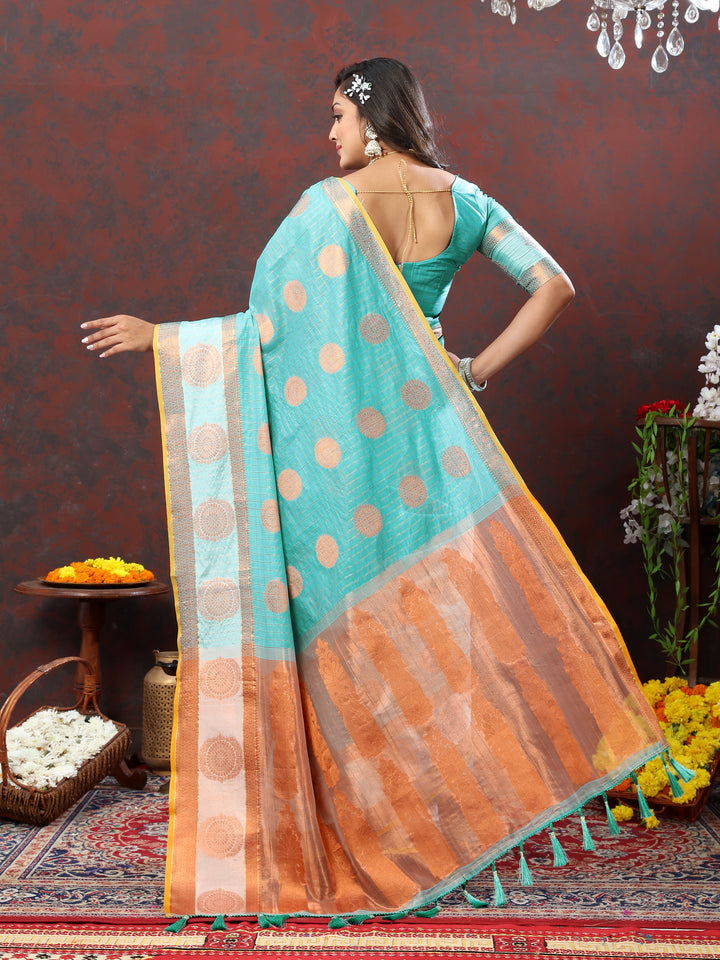 Timeless sky-blue saree with exquisite zari woven work, ideal for cultural celebrations.