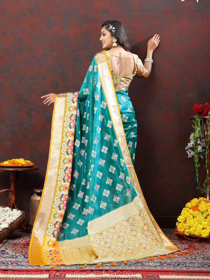 Sky blue organza silk saree with contrasting zari border, ideal for weddings.