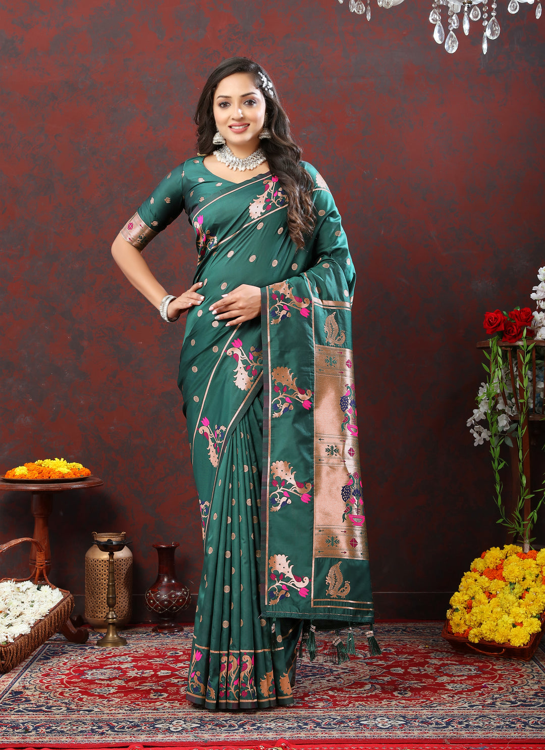 Elegant pink Paithani silk saree with copper zari motifs and Meenakari border, ideal for festive occasions.