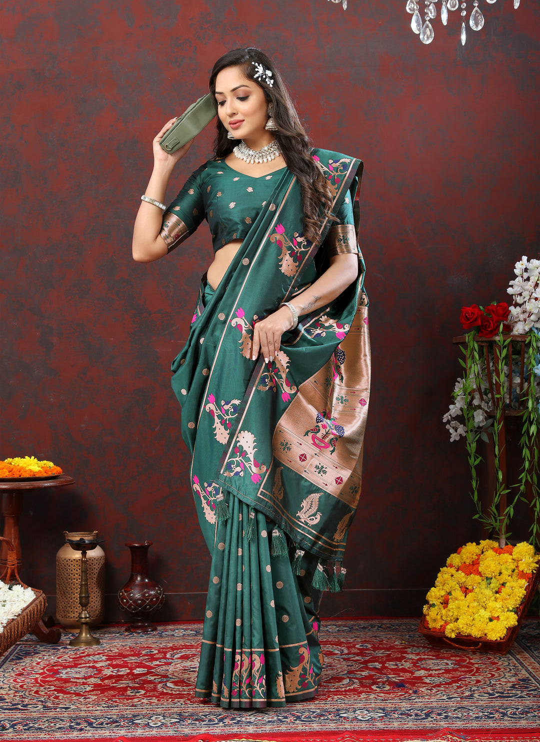 Classic pink Paithani silk saree with intricate copper zari motifs and Meenakari border, ideal for cultural events.