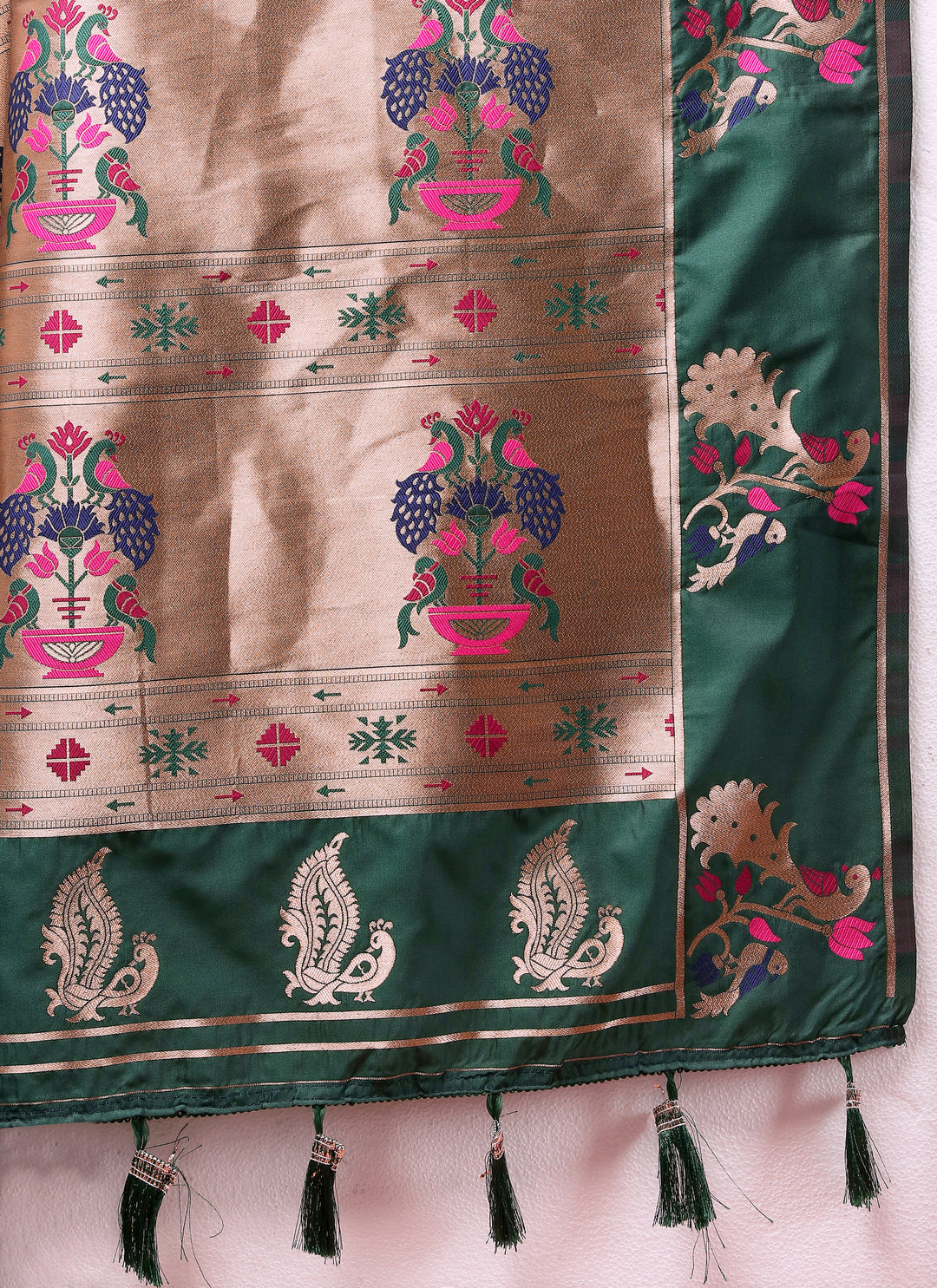 Soft pink Paithani silk saree with copper zari motifs and Meenakari border, perfect for traditional gatherings.