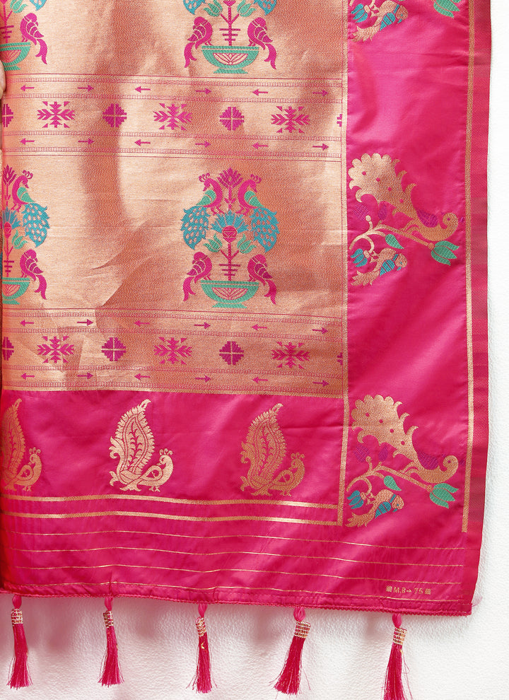 Stunning royal blue Paithani silk saree with copper zari motifs and Meenakari border, perfect for formal gatherings.