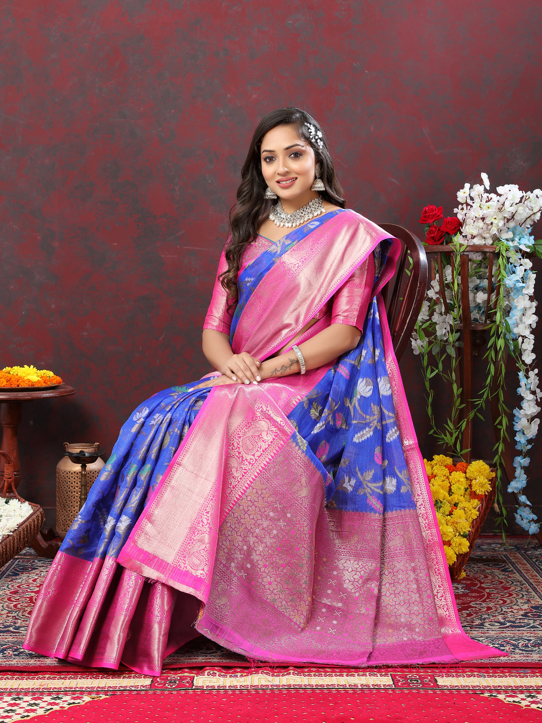 Luxurious blue soft cotton saree featuring Meenakari craft and zari woven pallu for weddings.