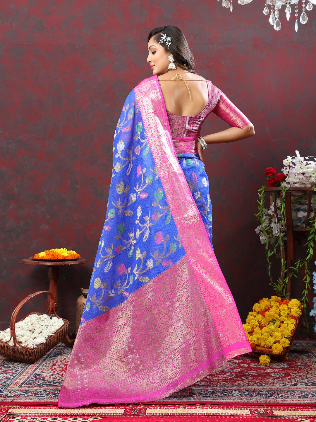 Timeless blue saree with Meenakari detailing and zari pallu, perfect for cultural celebrations.